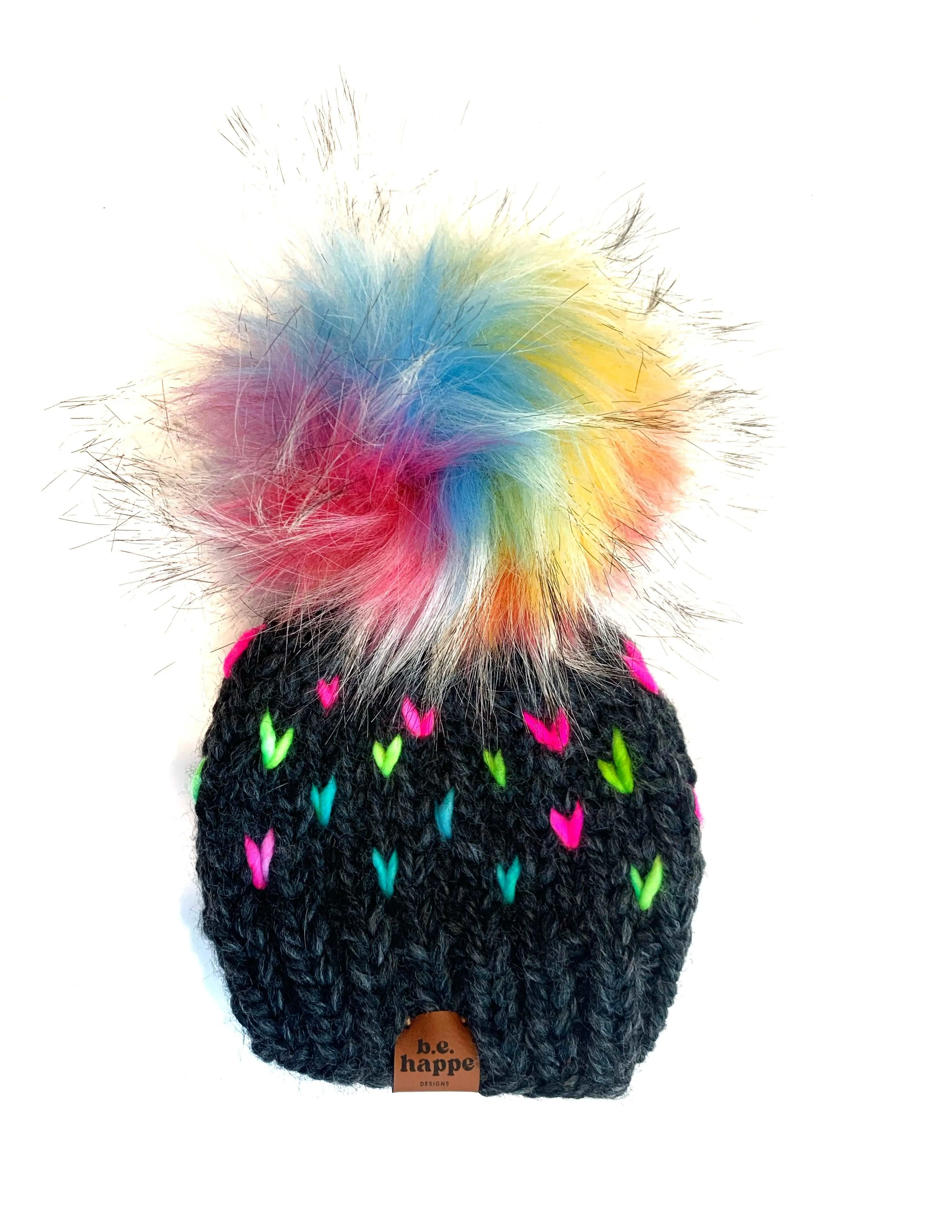 0-3 month Knit Hearts Pom Hat | Gray Rainbow