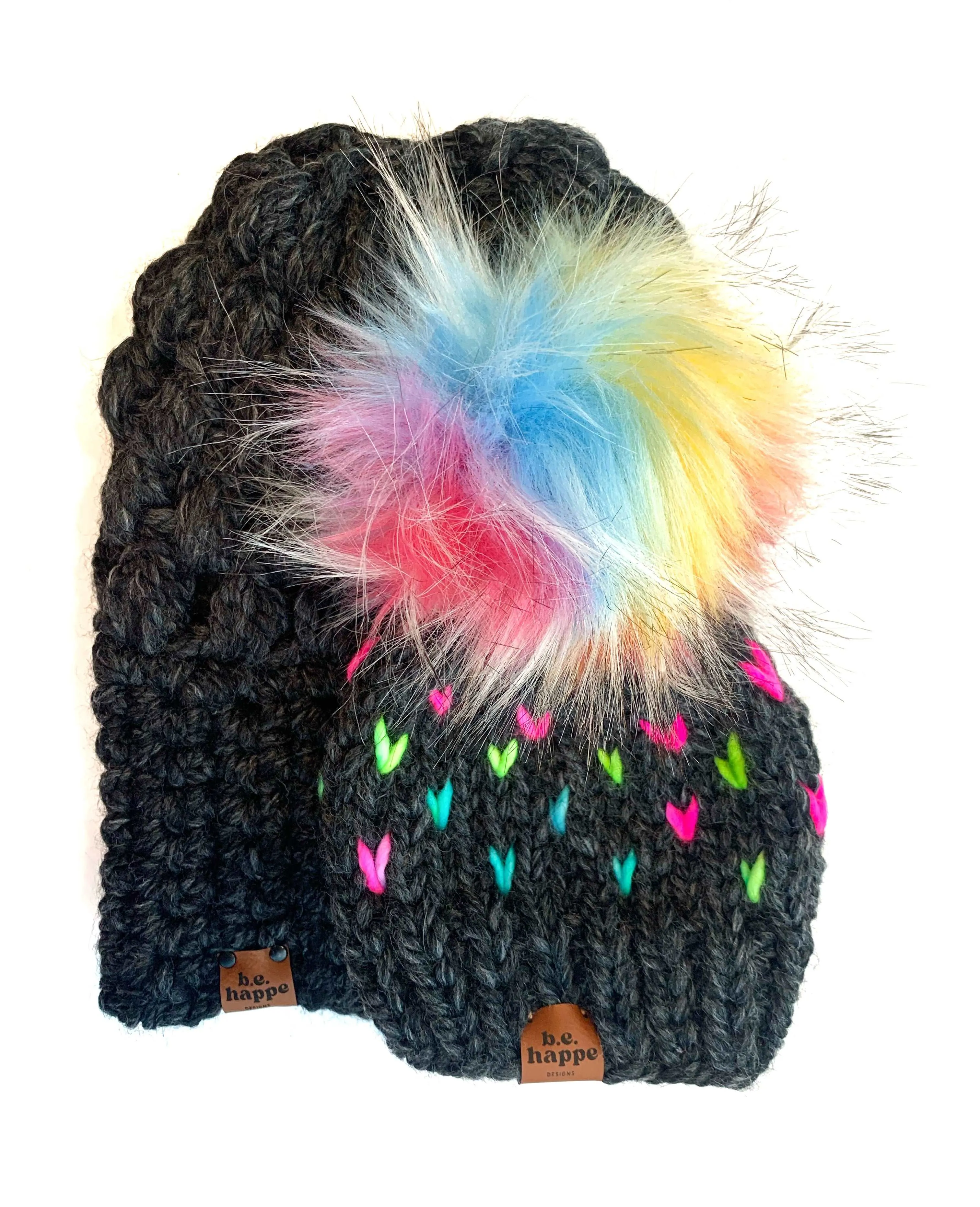 0-3 month Knit Hearts Pom Hat | Gray Rainbow