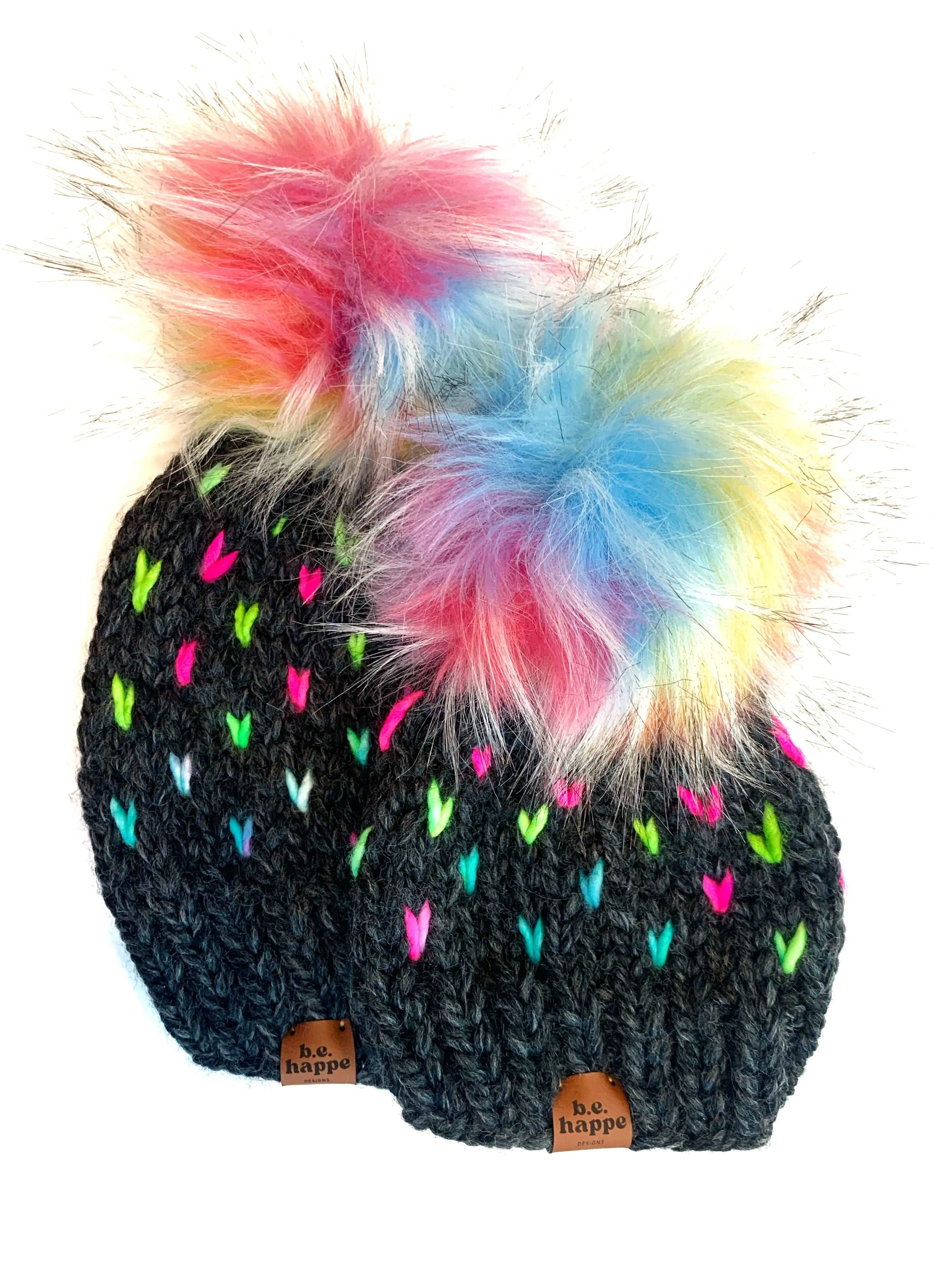 0-3 month Knit Hearts Pom Hat | Gray Rainbow