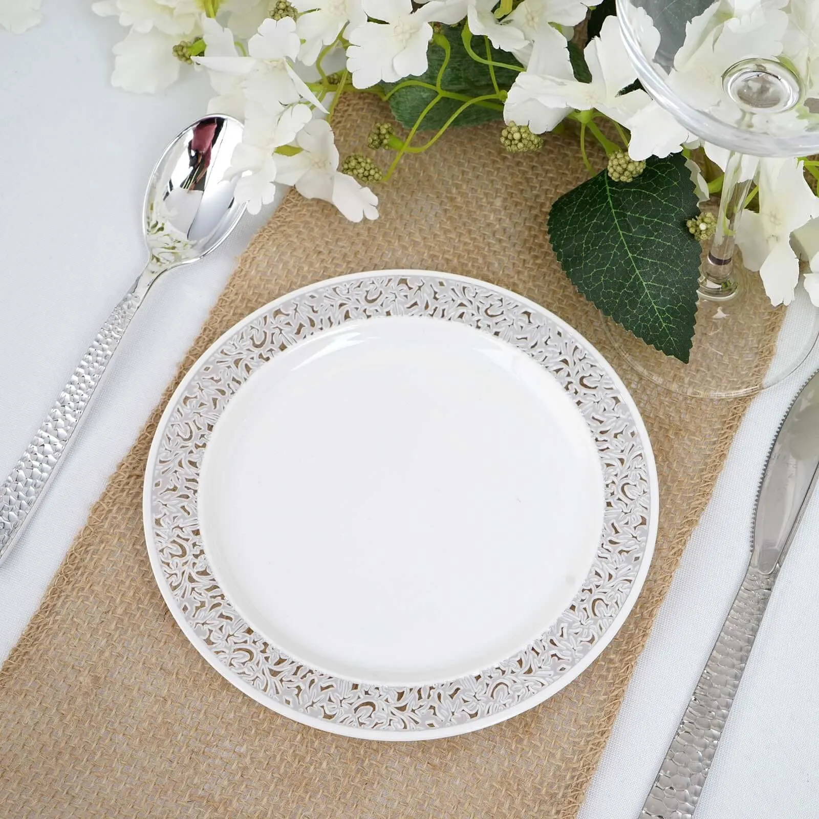 10 Pack 6" Silver Lace Rim White Disposable Salad Plates, Plastic Dessert Appetizer Plates