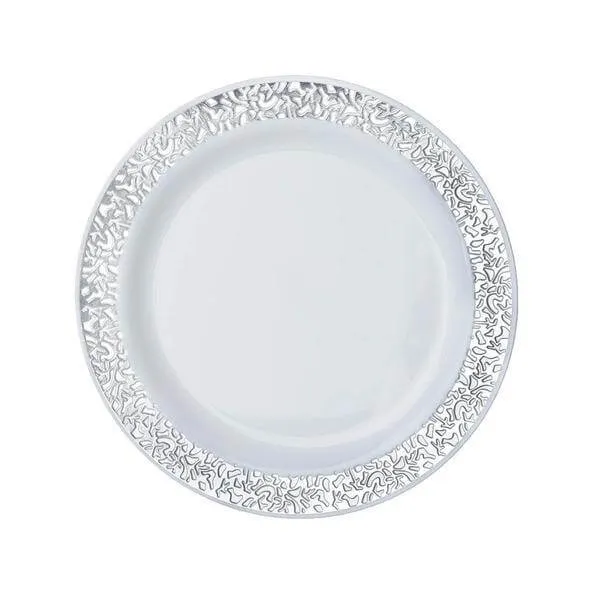 10 Pack 6" Silver Lace Rim White Disposable Salad Plates, Plastic Dessert Appetizer Plates