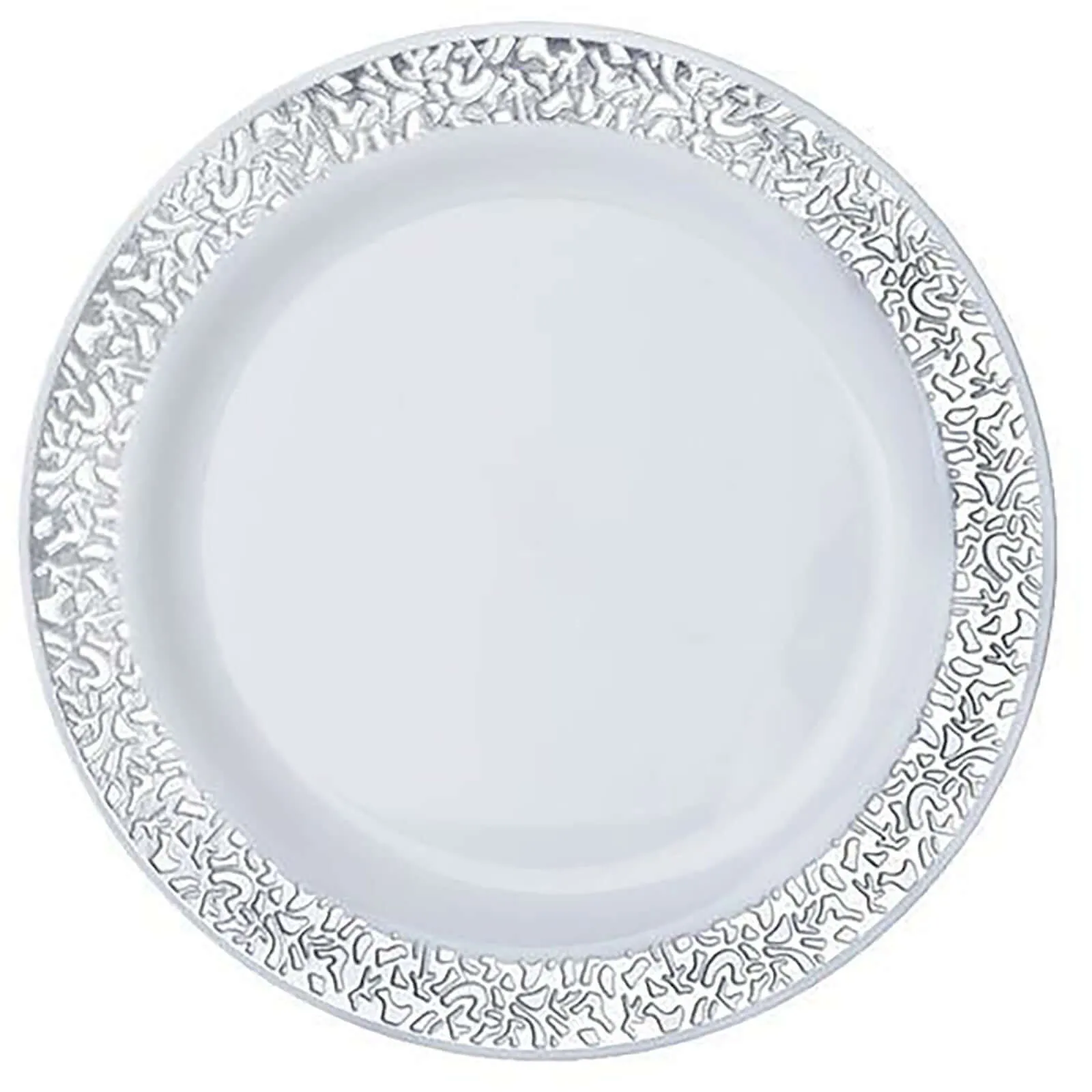 10 Pack 6" Silver Lace Rim White Disposable Salad Plates, Plastic Dessert Appetizer Plates