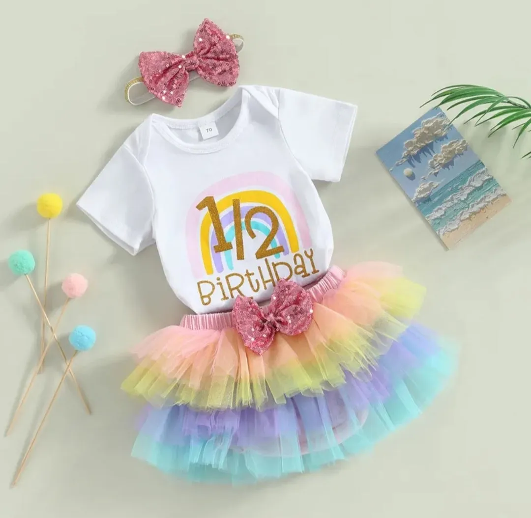 1/2 Birthday Rainbow Romper with Rainbow Ruffle Bloomer and Headband #1001174