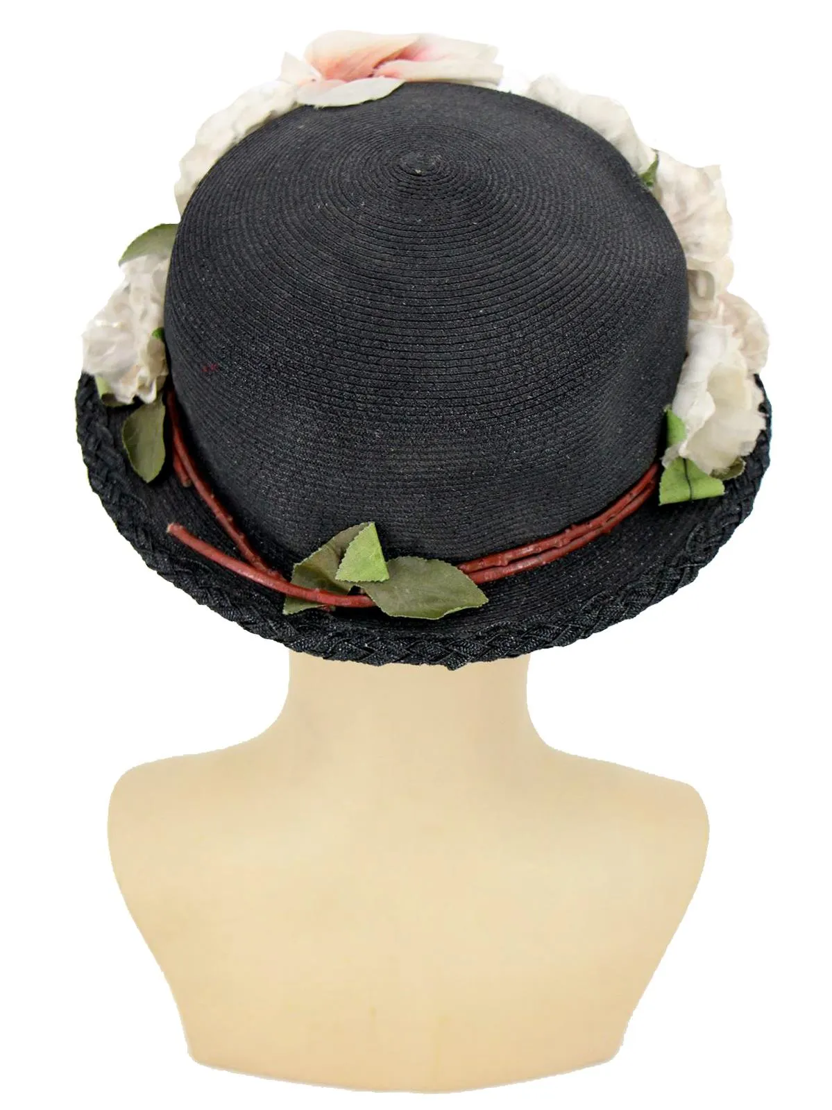 1950s Vintage Woven Black Floral Hat