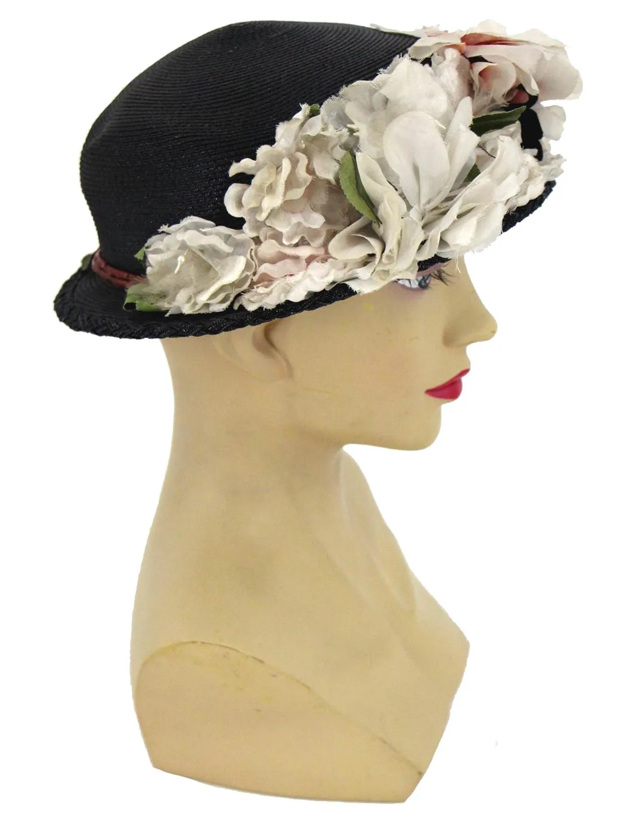 1950s Vintage Woven Black Floral Hat