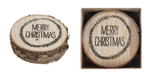 4" Wood Slice Drink Coaster wtih "Merry Christmas" Wreath Design-Set of 4