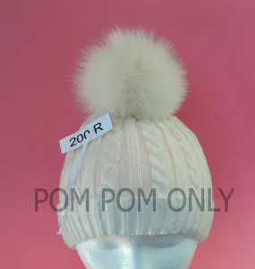 5,5" Ivory Fox Pom Pom for Knit Hats with ribbons