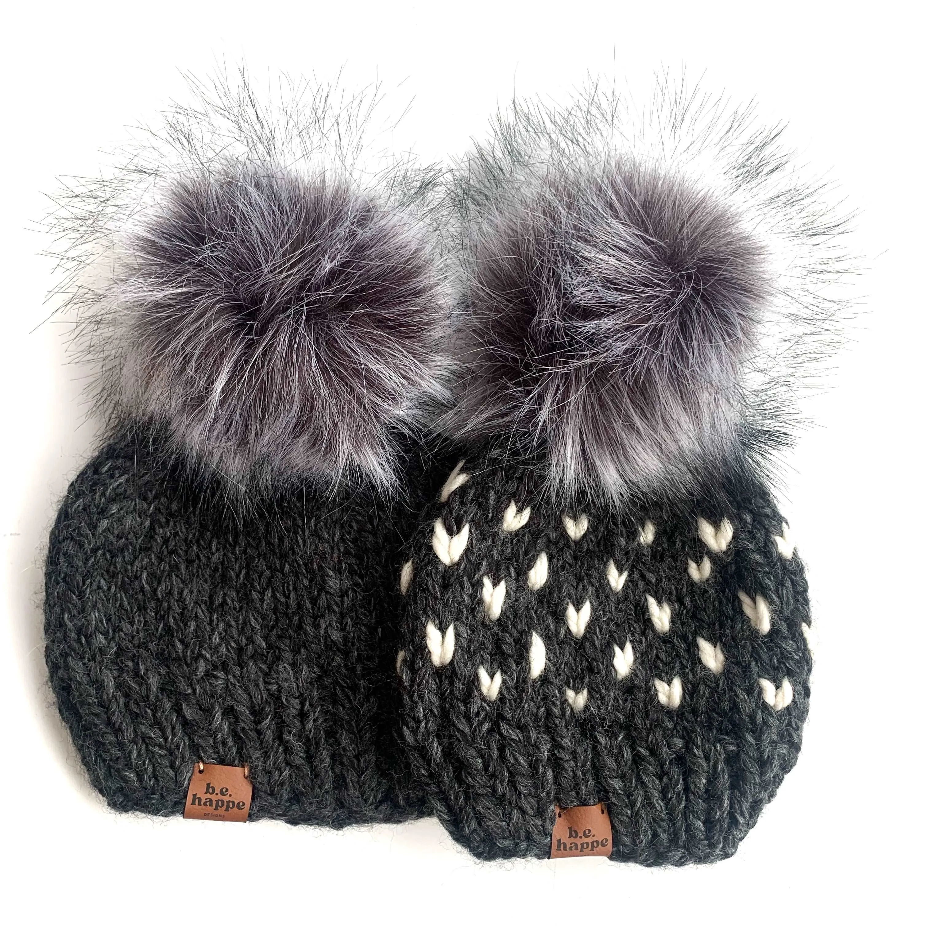 6-12 month Baby Knit Hearts Pom Hat | Charcoal Gray   Off White