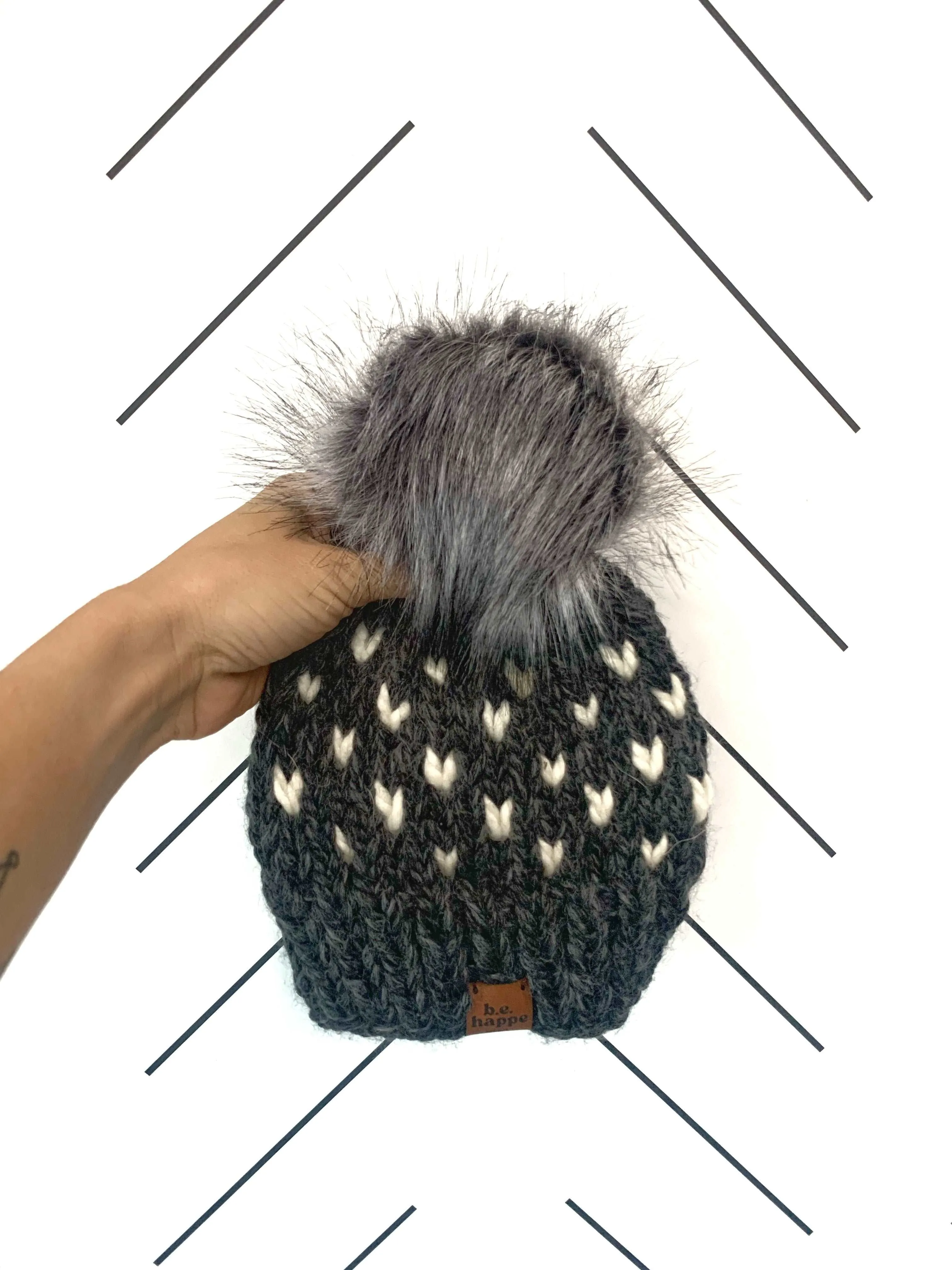 6-12 month Baby Knit Hearts Pom Hat | Charcoal Gray   Off White