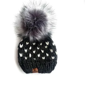 6-12 month Baby Knit Hearts Pom Hat | Charcoal Gray   Off White