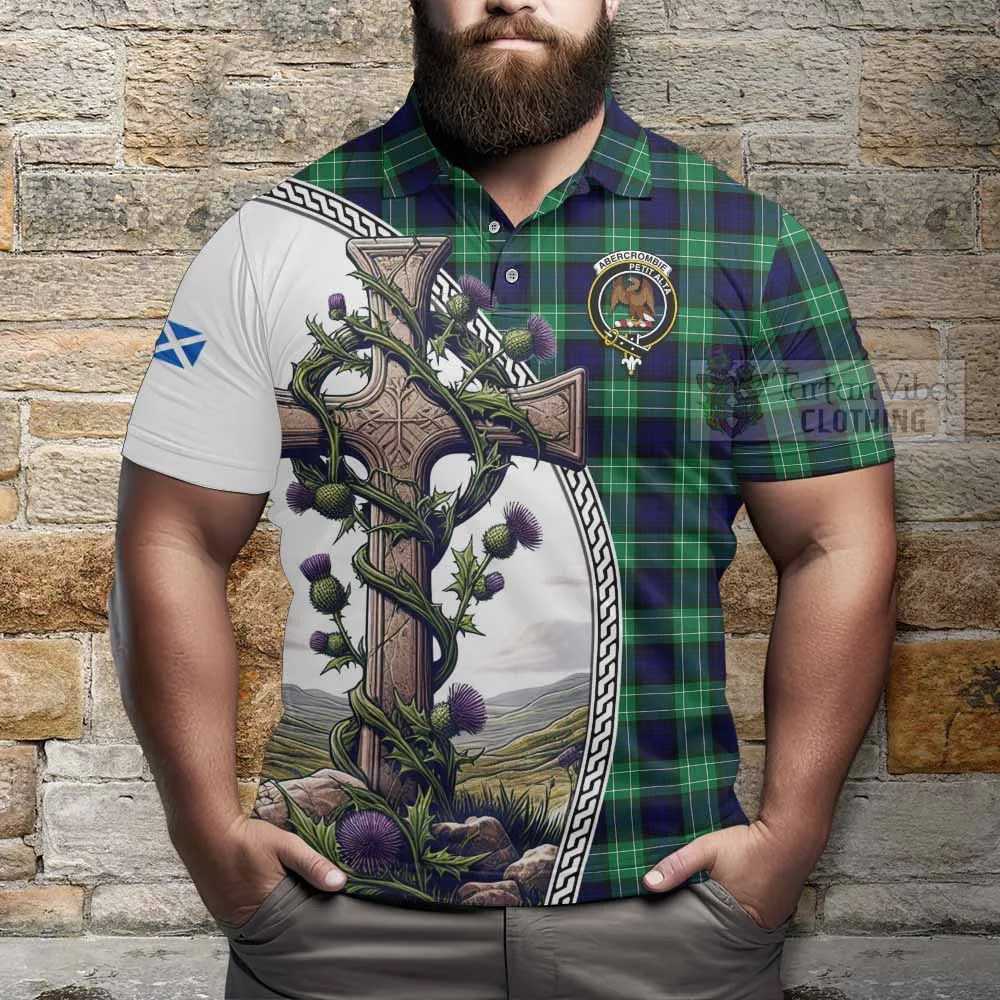 Abercrombie Tartan Polo Shirt with Family Crest and St. Andrew's Cross Accented by Thistle Vines