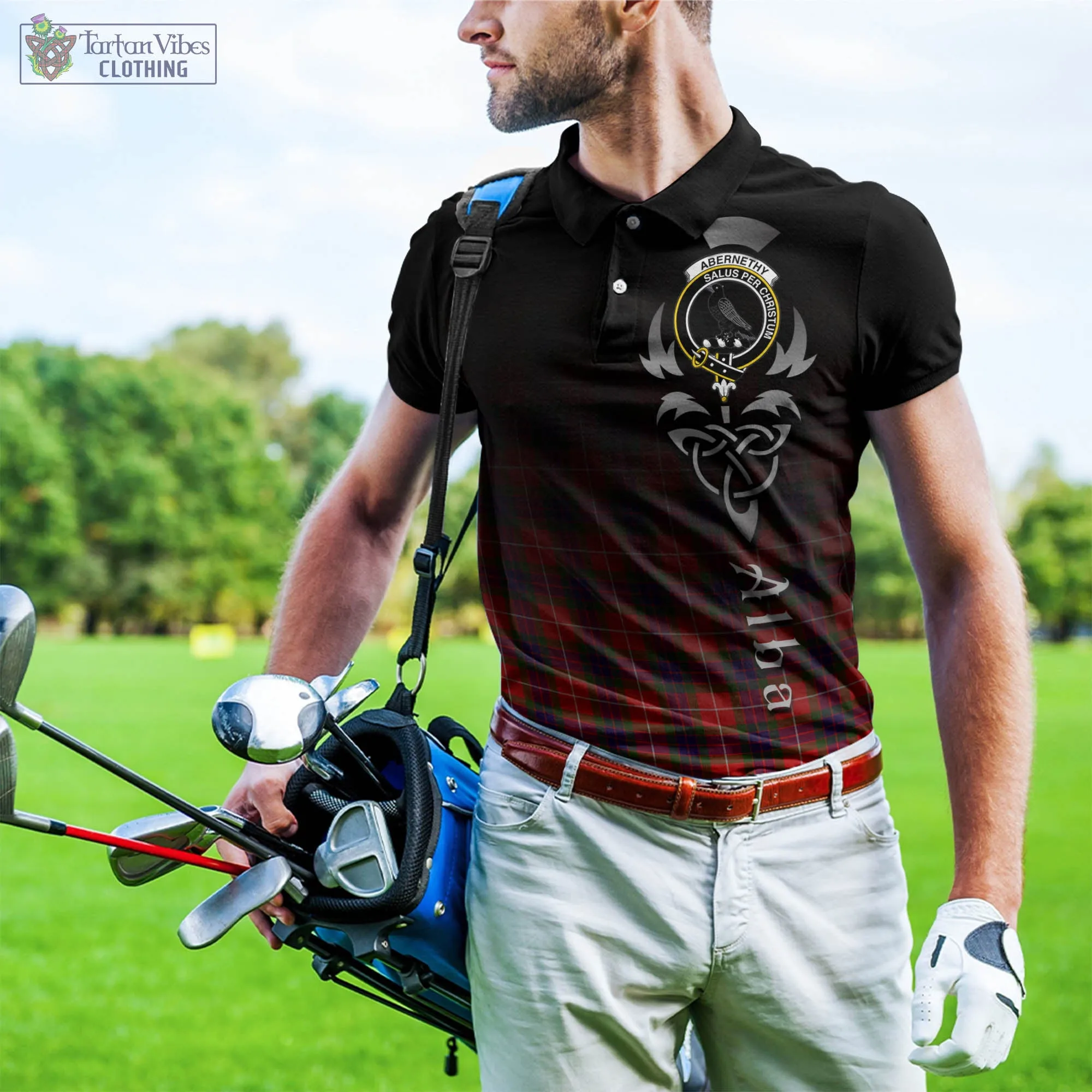 Abernethy Tartan Polo Shirt Featuring Alba Gu Brath Family Crest Celtic Inspired