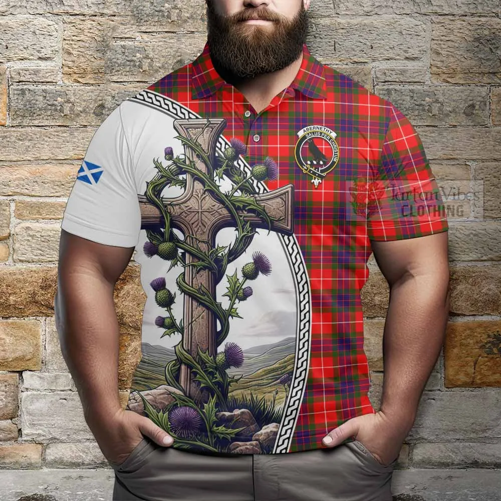 Abernethy Tartan Polo Shirt with Family Crest and St. Andrew's Cross Accented by Thistle Vines