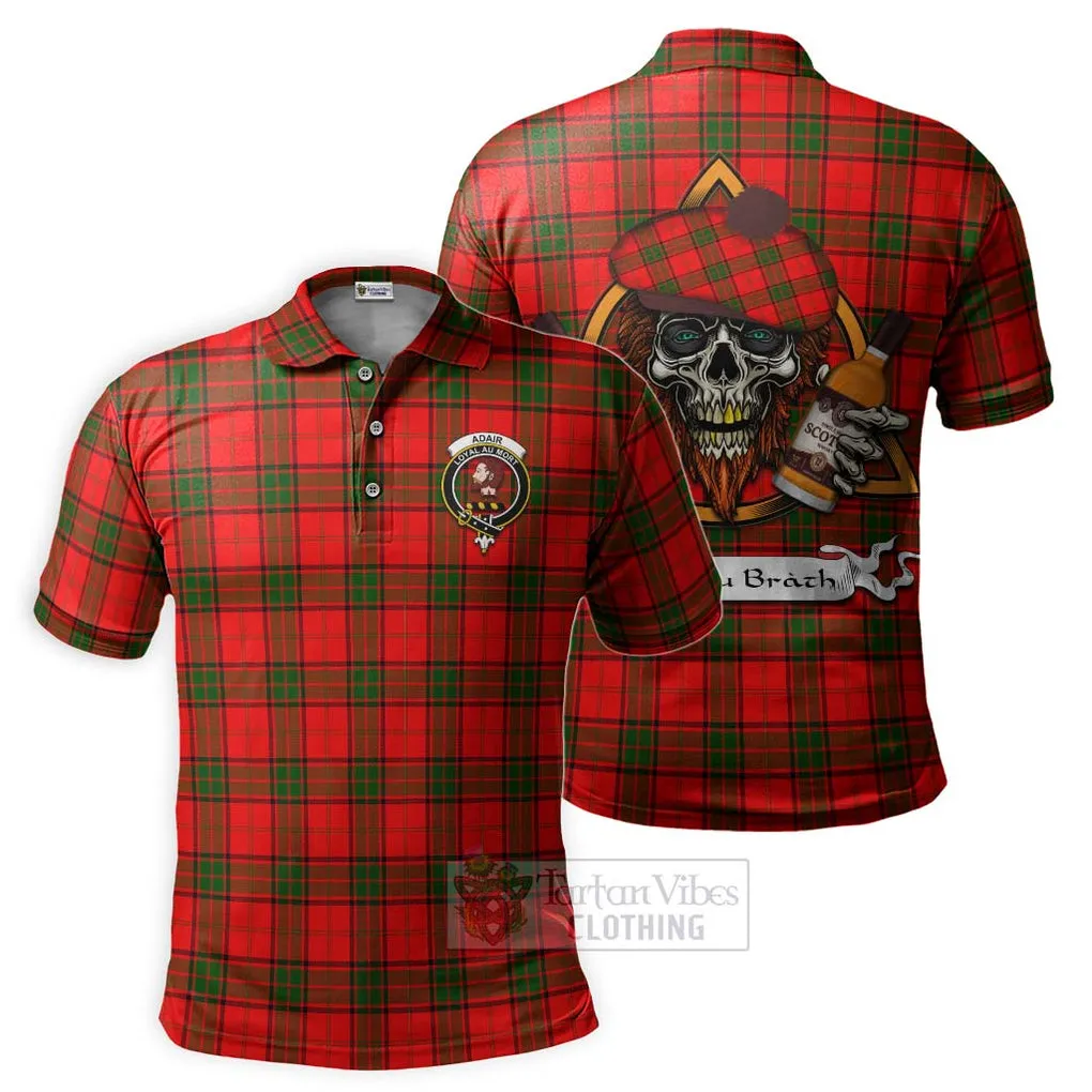 Adair Tartan Polo Shirt with Family Crest and Bearded Skull Holding Bottles of Whiskey