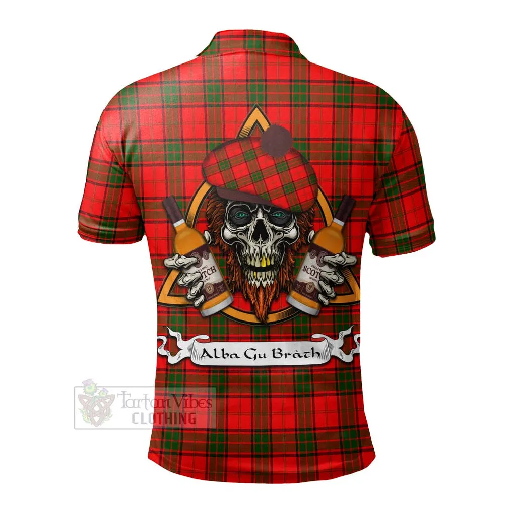 Adair Tartan Polo Shirt with Family Crest and Bearded Skull Holding Bottles of Whiskey