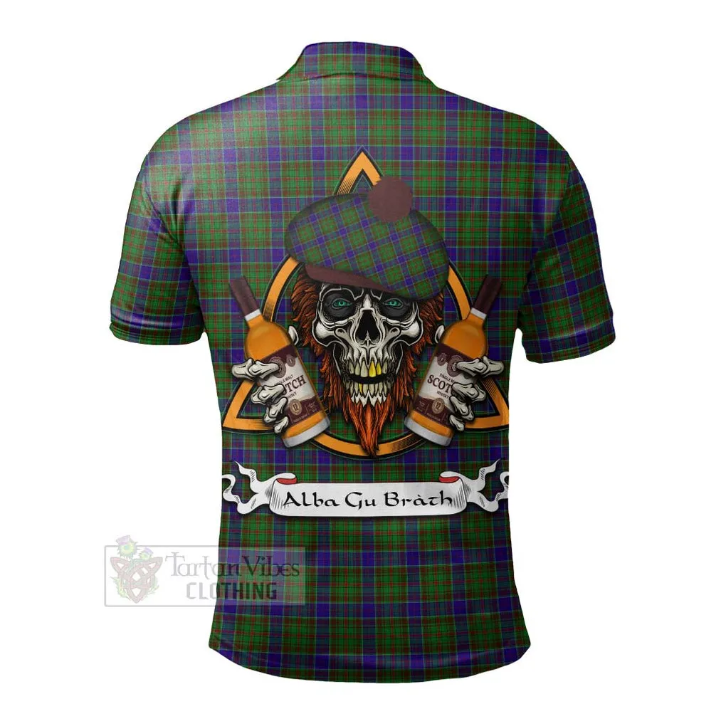 Adam Tartan Polo Shirt with Family Crest and Bearded Skull Holding Bottles of Whiskey