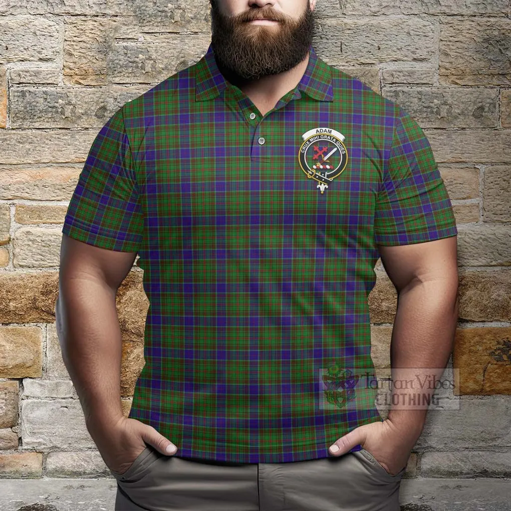 Adam Tartan Polo Shirt with Family Crest and Bearded Skull Holding Bottles of Whiskey