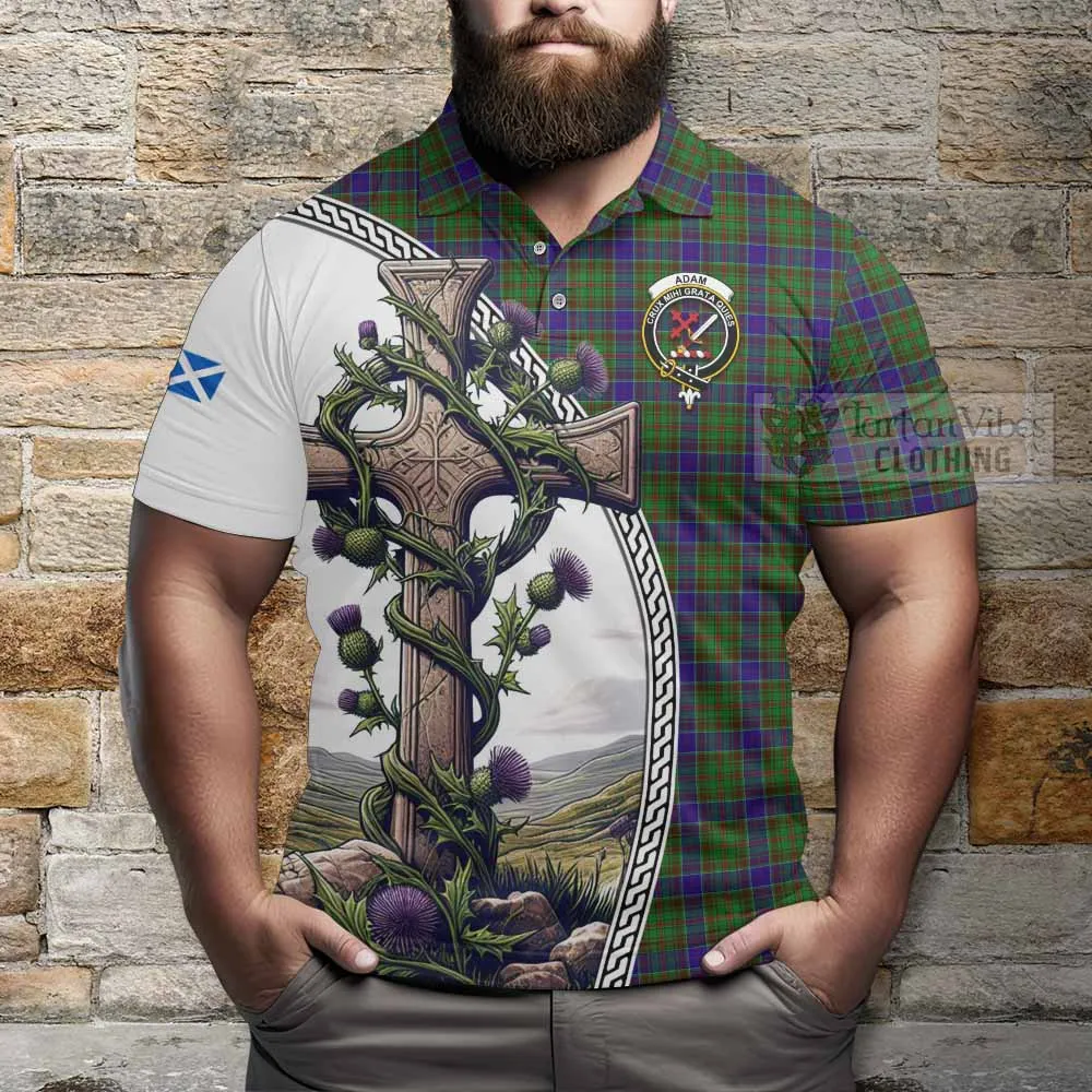 Adam Tartan Polo Shirt with Family Crest and St. Andrew's Cross Accented by Thistle Vines