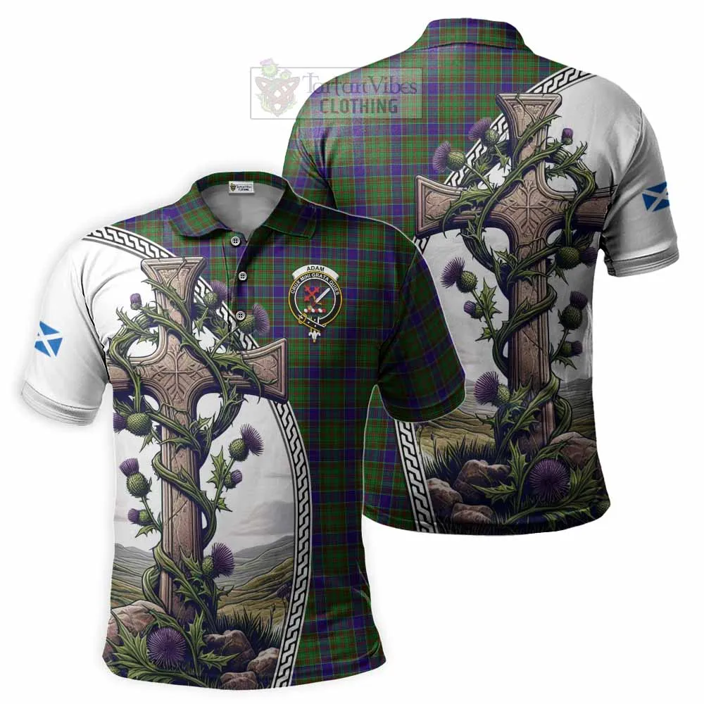 Adam Tartan Polo Shirt with Family Crest and St. Andrew's Cross Accented by Thistle Vines