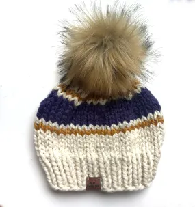 Adult Stripe Knit Pom Hat | Off White   Purple   Mustard Yellow