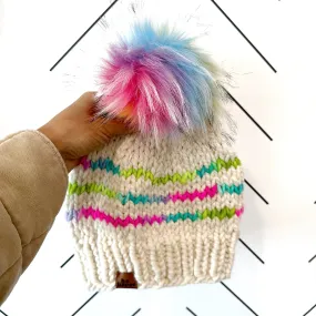 Adult Stripe Knit Pom Hat | Off White   Rainbow