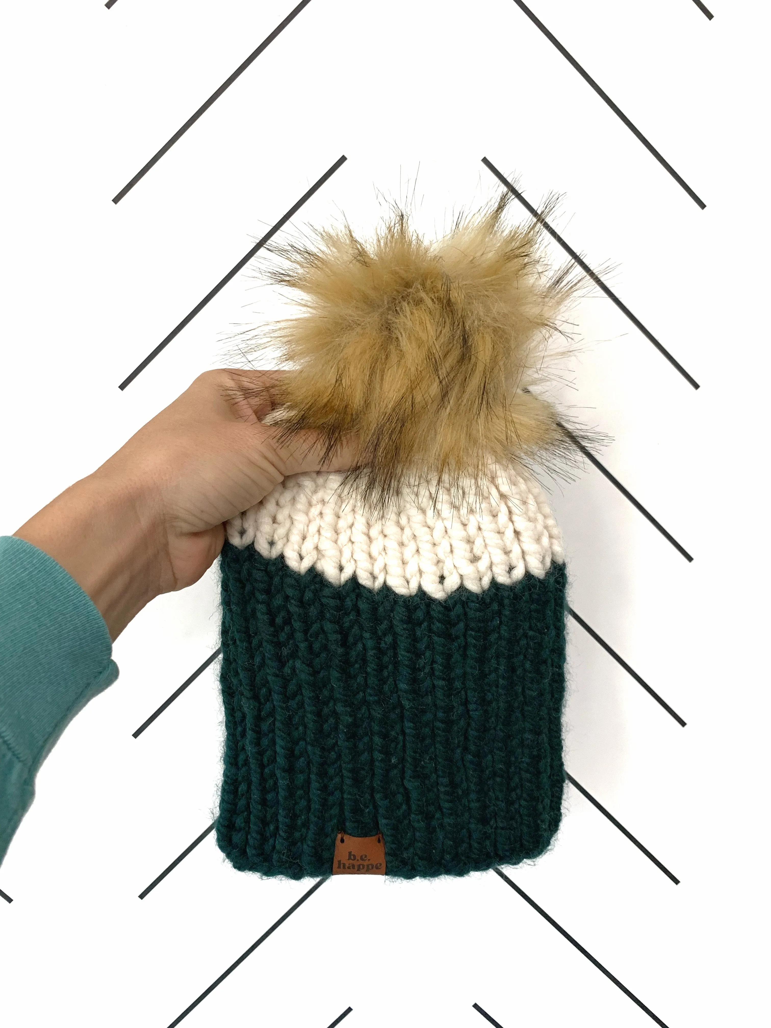 Adult Stripe Pom Hat| Dark Green   Off White