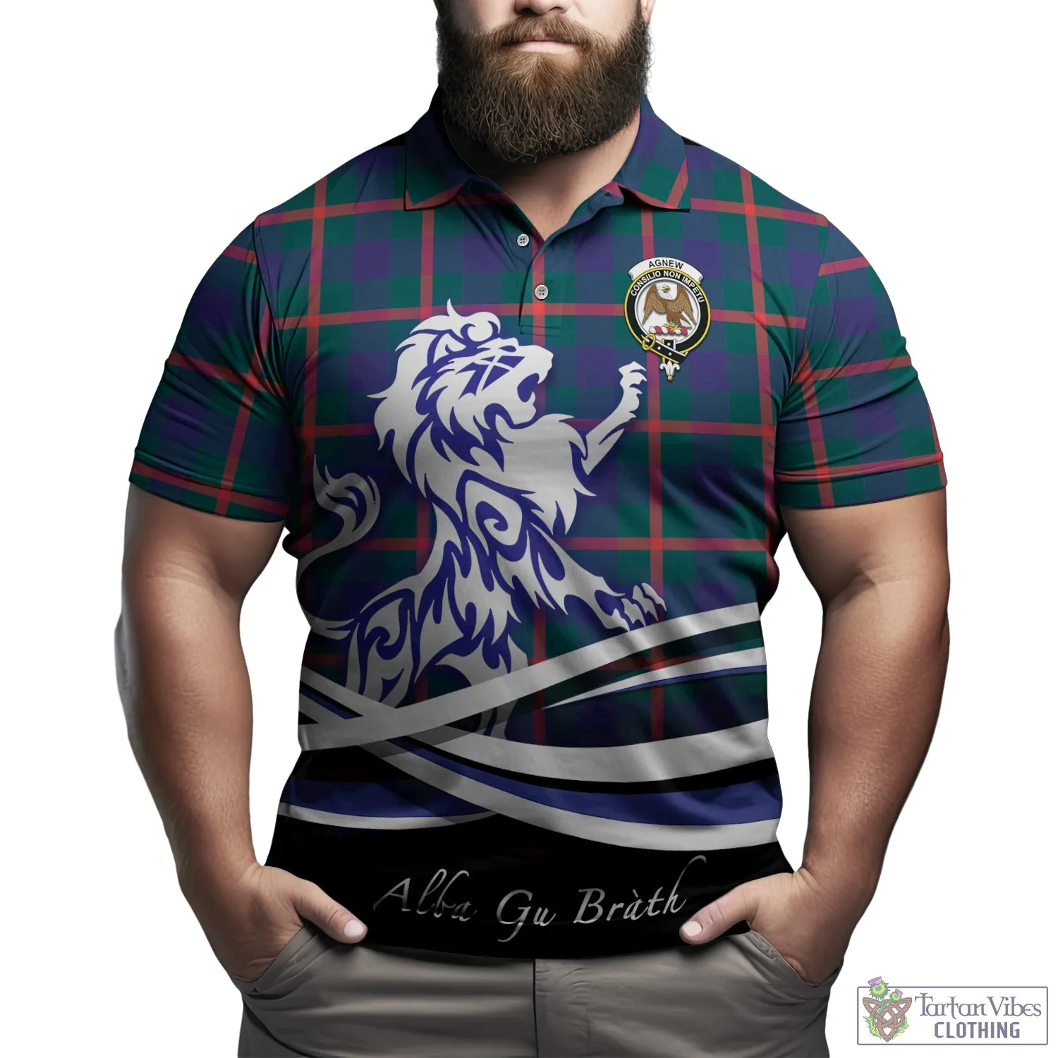 Agnew Tartan Polo Shirt with Alba Gu Brath Regal Lion Emblem