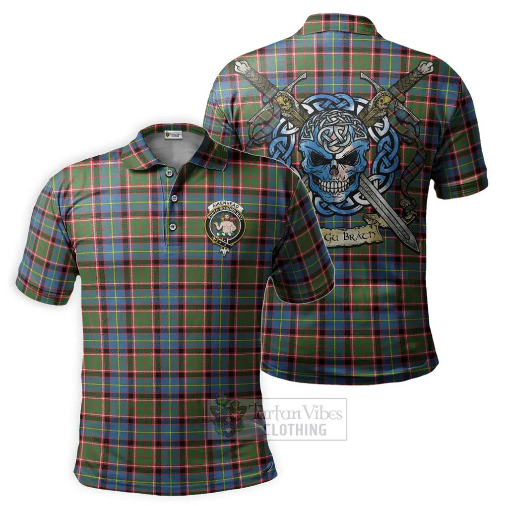 Aikenhead Tartan Polo Shirt with Family Crest Celtic Skull Style