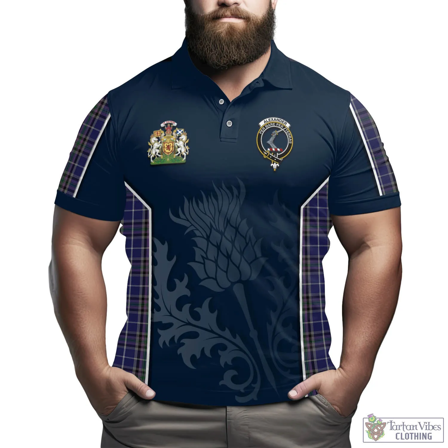 Alexander of Menstry Tartan Men's Polo Shirt with Family Crest and Scottish Thistle Vibes Sport Style