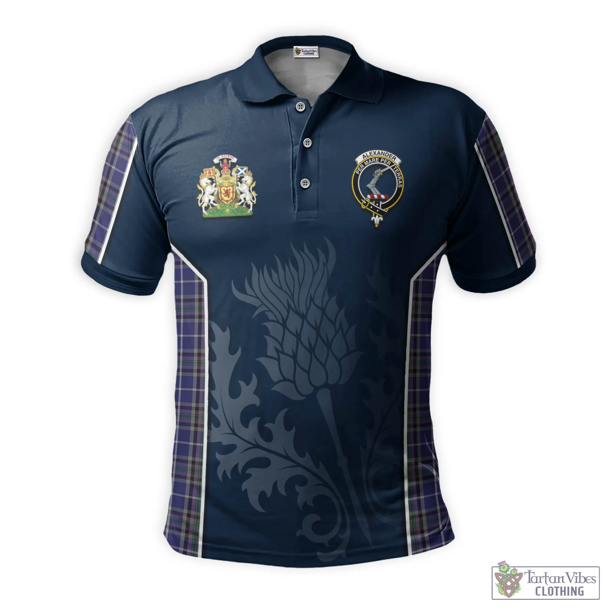 Alexander of Menstry Tartan Men's Polo Shirt with Family Crest and Scottish Thistle Vibes Sport Style