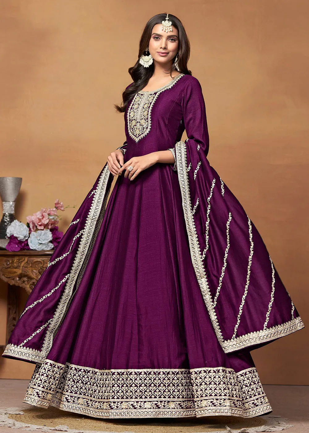 Amazing Art Silk Purple Embroidered Festive Anarkali Suit