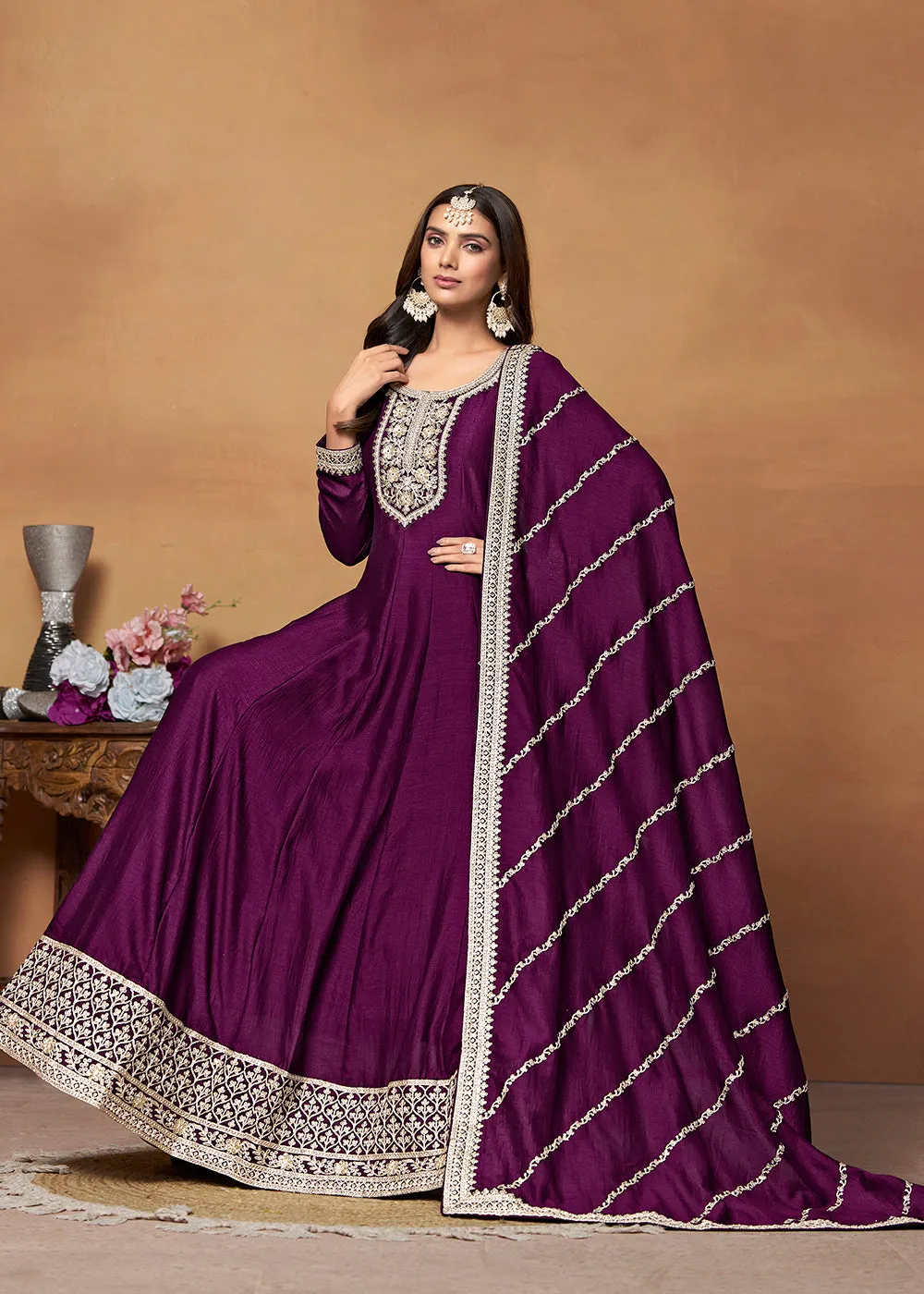 Amazing Art Silk Purple Embroidered Festive Anarkali Suit