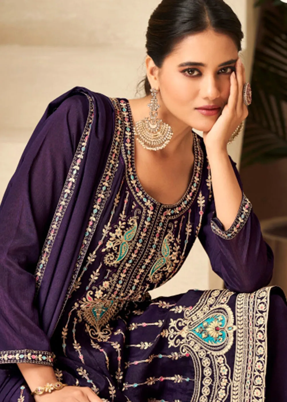 Amethyst Purple Heavy Chinnon Wedding Festive Salwar Suit