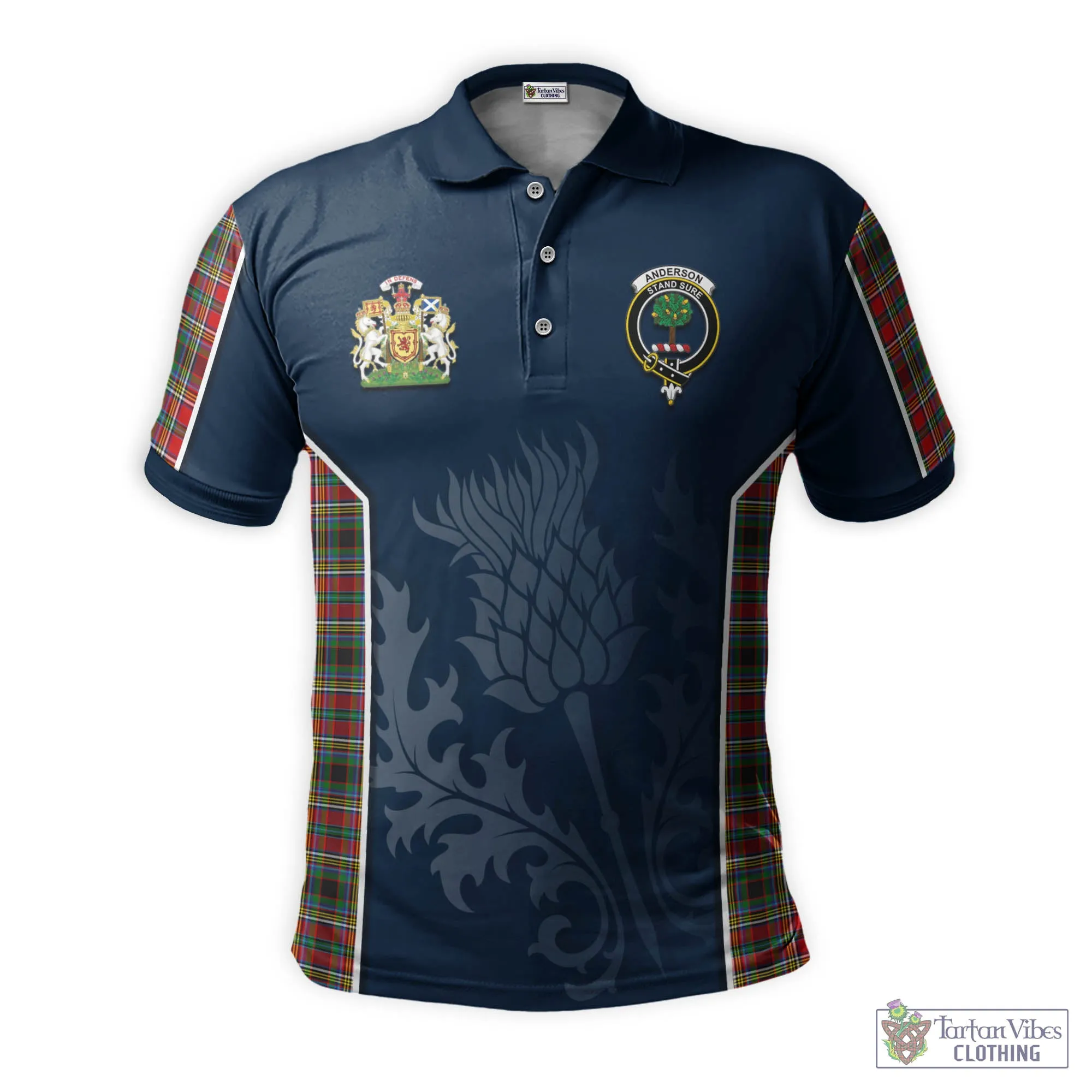 Anderson of Arbrake Tartan Men's Polo Shirt with Family Crest and Scottish Thistle Vibes Sport Style