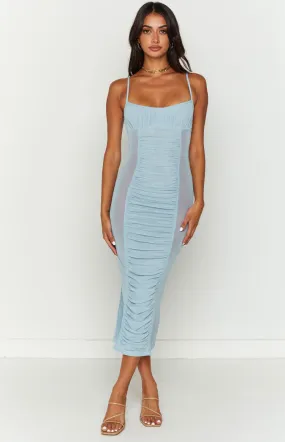 Andrea Blue Ruched Sheer Midi Dress