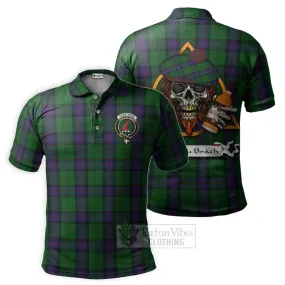 Armstrong Tartan Polo Shirt with Family Crest and Bearded Skull Holding Bottles of Whiskey