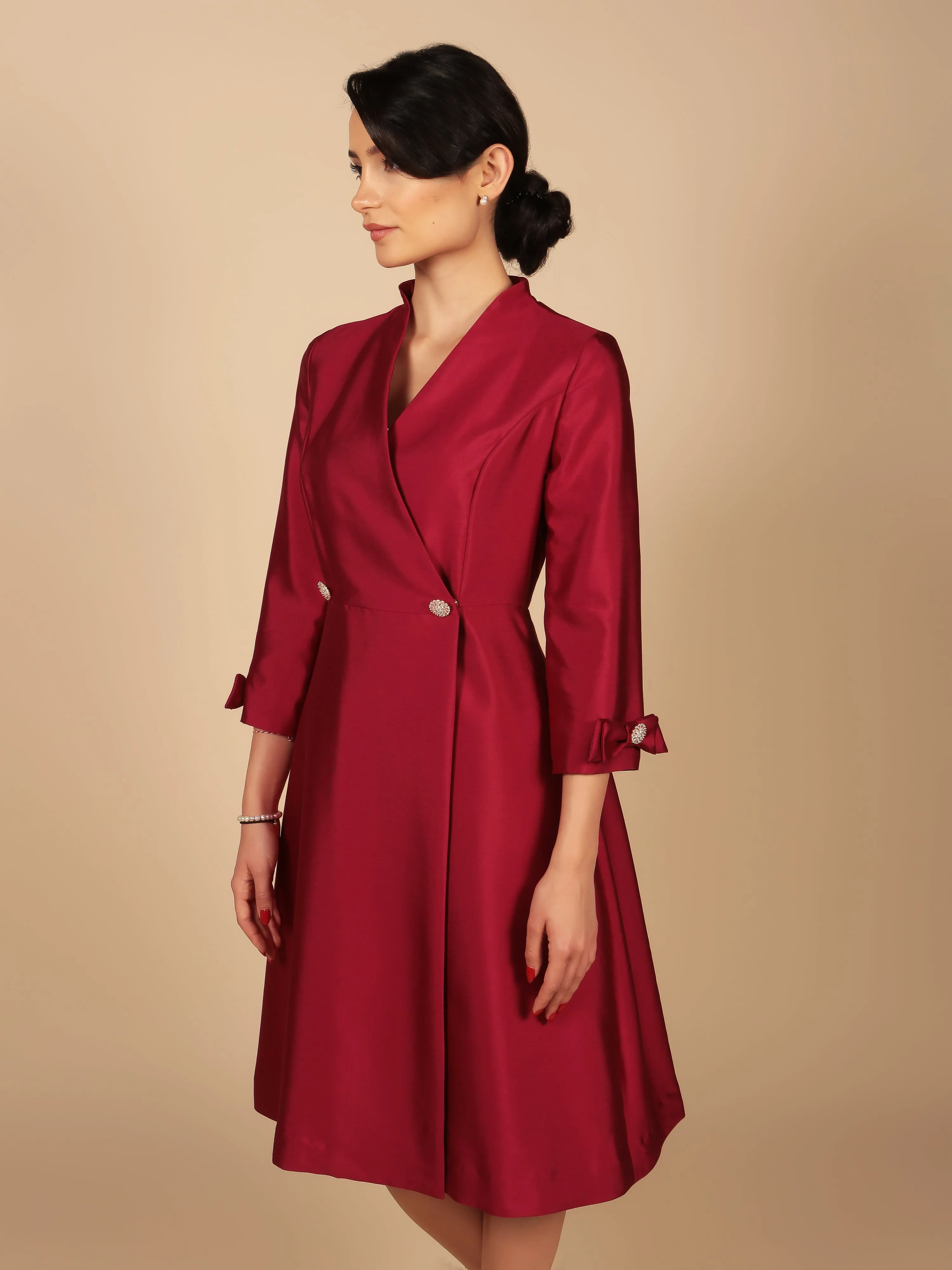 'Astor' Silk and Wool Dress Coat in Rosso