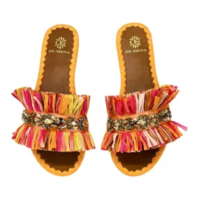 Ava Raffia Slides with Crystals in Multicolour Orange