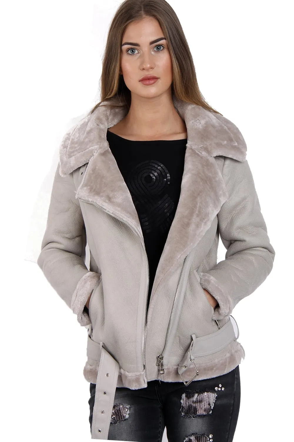 Aviator Fleece Lined Belted Biker Jacket Coat With Silver Buckle