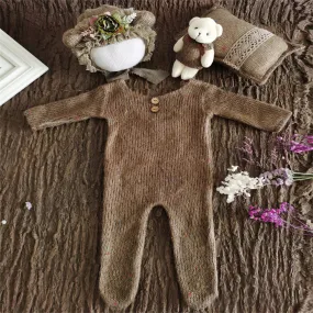 Babymoon | Set Of 4 | Romper, Pillow, Bear & Hat | Costume | Baby Photography Props | Brown