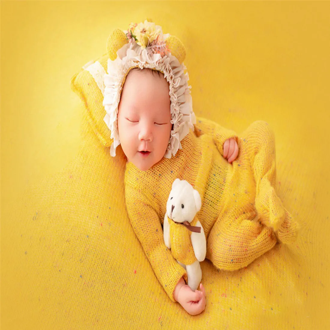 Babymoon | Set Of 4 | Romper, Pillow, Bear & Hat | Costume | Baby Photography Props | Yellow