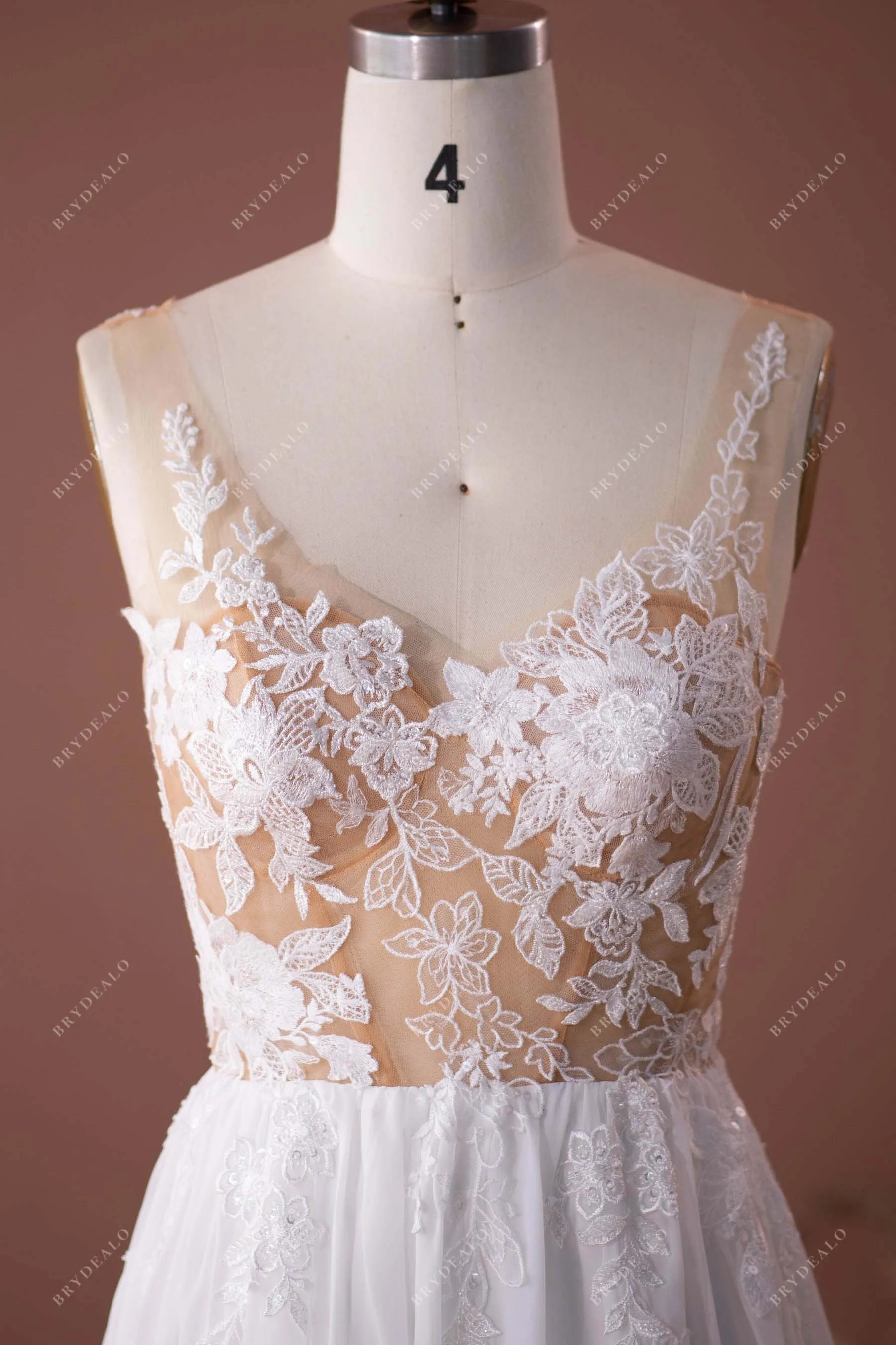 Beaded Illusion Lace Chiffon Boho Wedding Dress