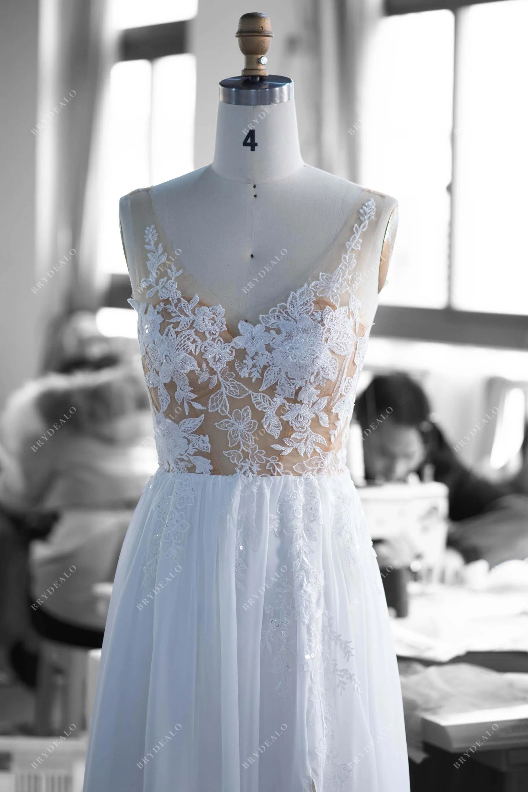 Beaded Illusion Lace Chiffon Boho Wedding Dress