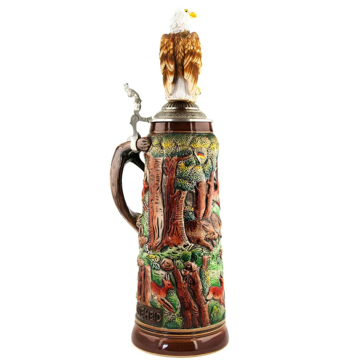 Beer Stein With Hunting Scene and Eagle Top 1.5L