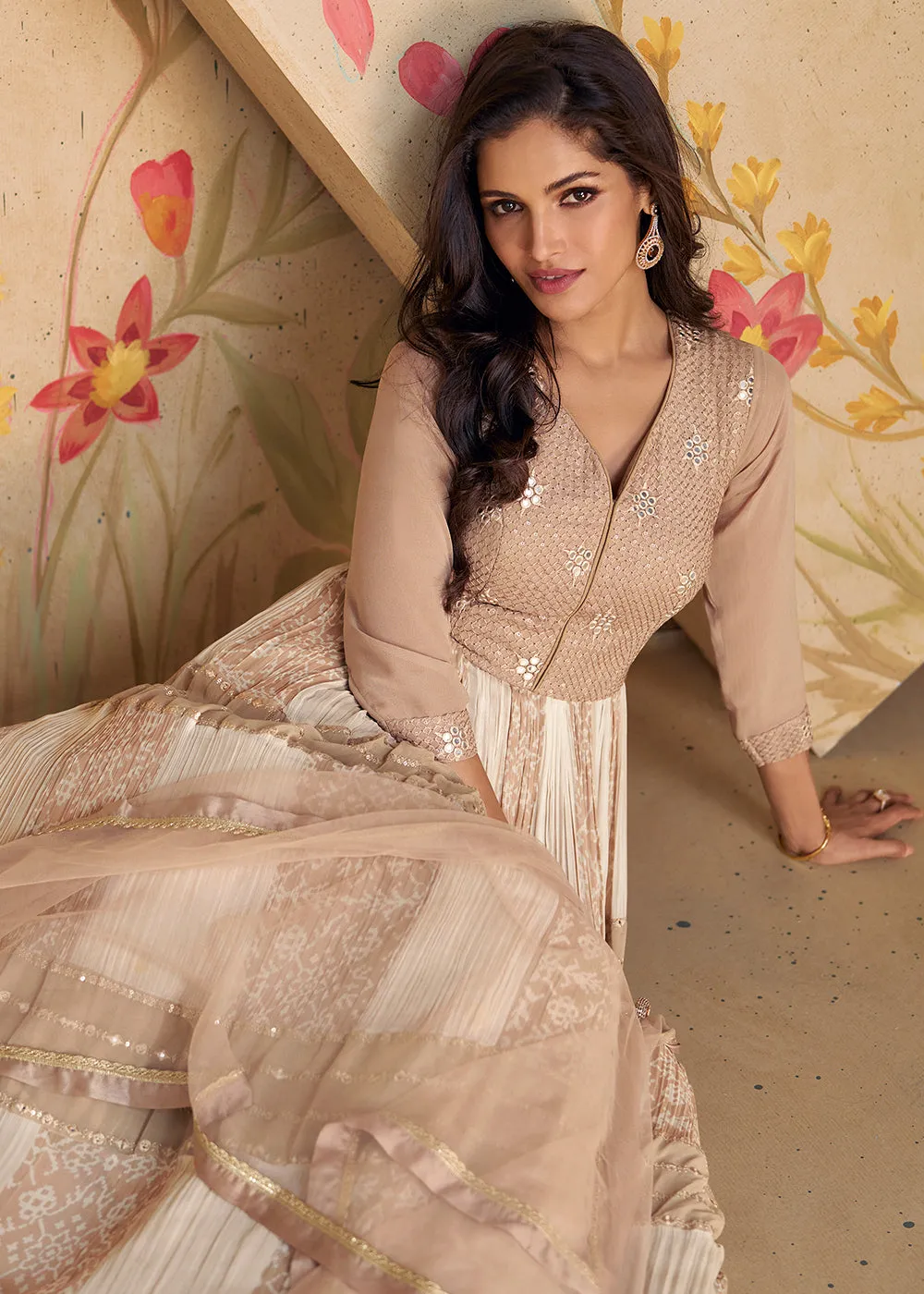 Beige Sequins & Thread Wedding Festive Anarkali Dress