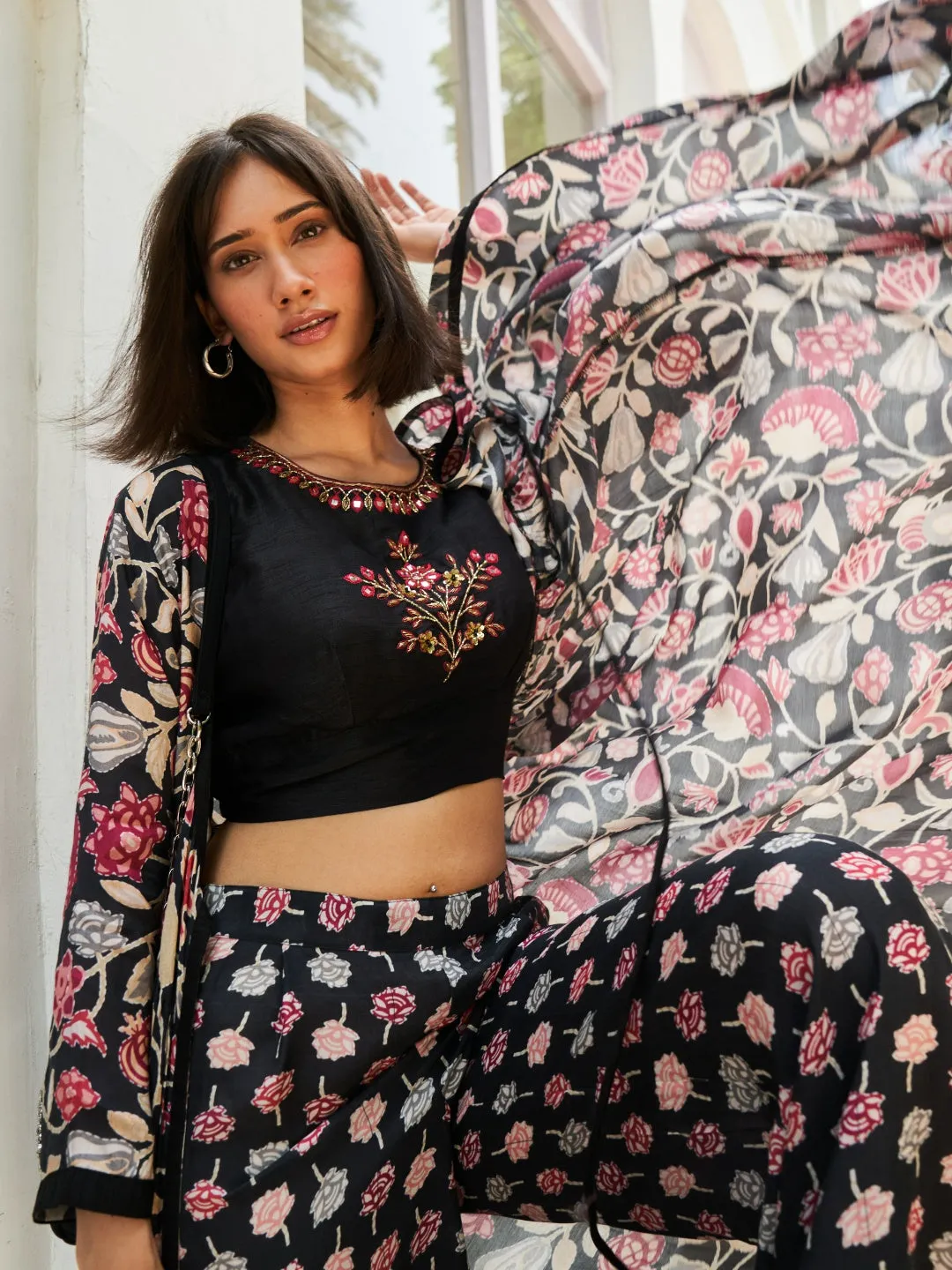 BLACK DIGITAL PRINTED VISCOSE SATIN WITH HAND EMBROIDERY CO-ORDS SET WITH LONG SHRUG