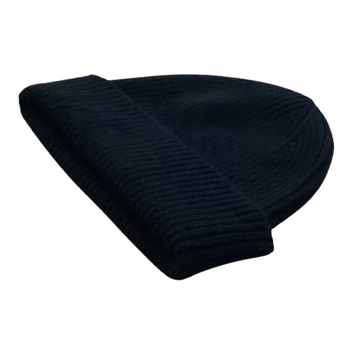 Black Wool Ribbed Beanie Hat