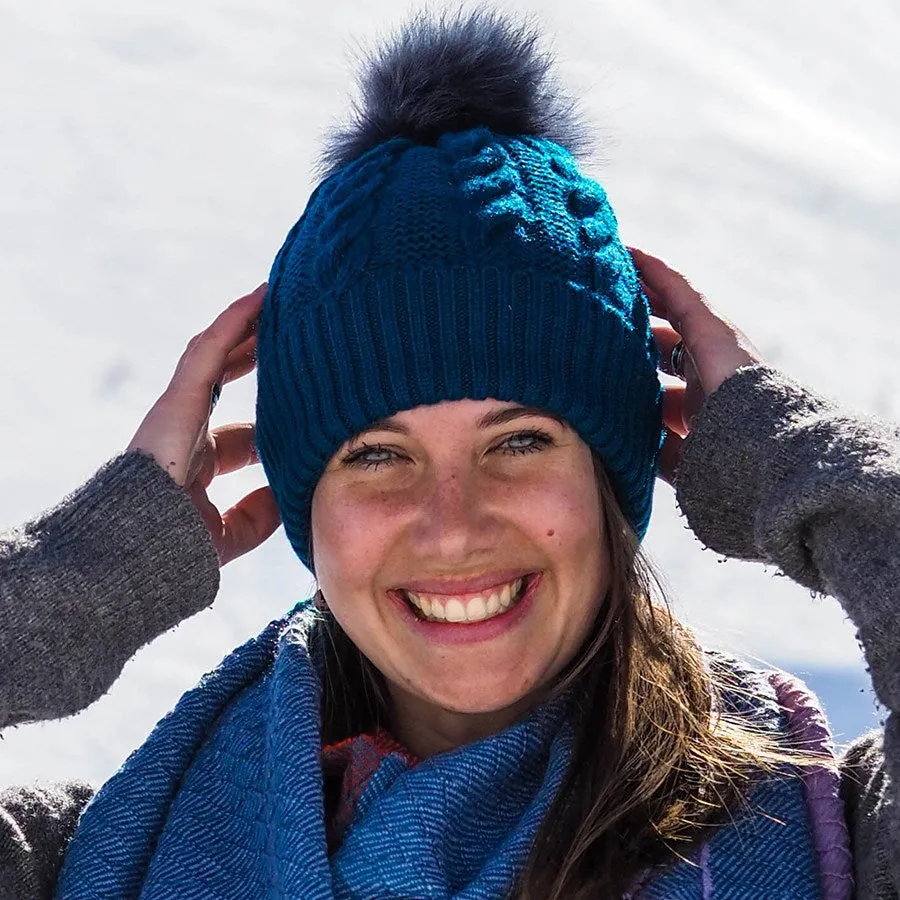 Blue Teal Cable Knit Faux Fur Bobble Hat