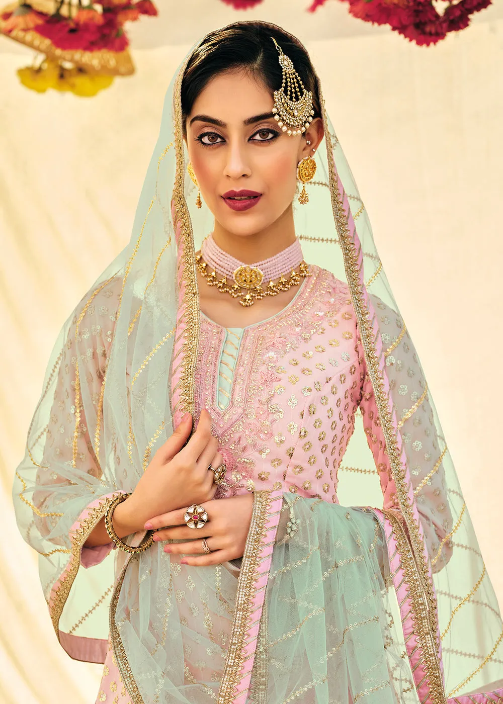 Blush Pink Zari & Mirror Embroidered Festive Sharara Suit