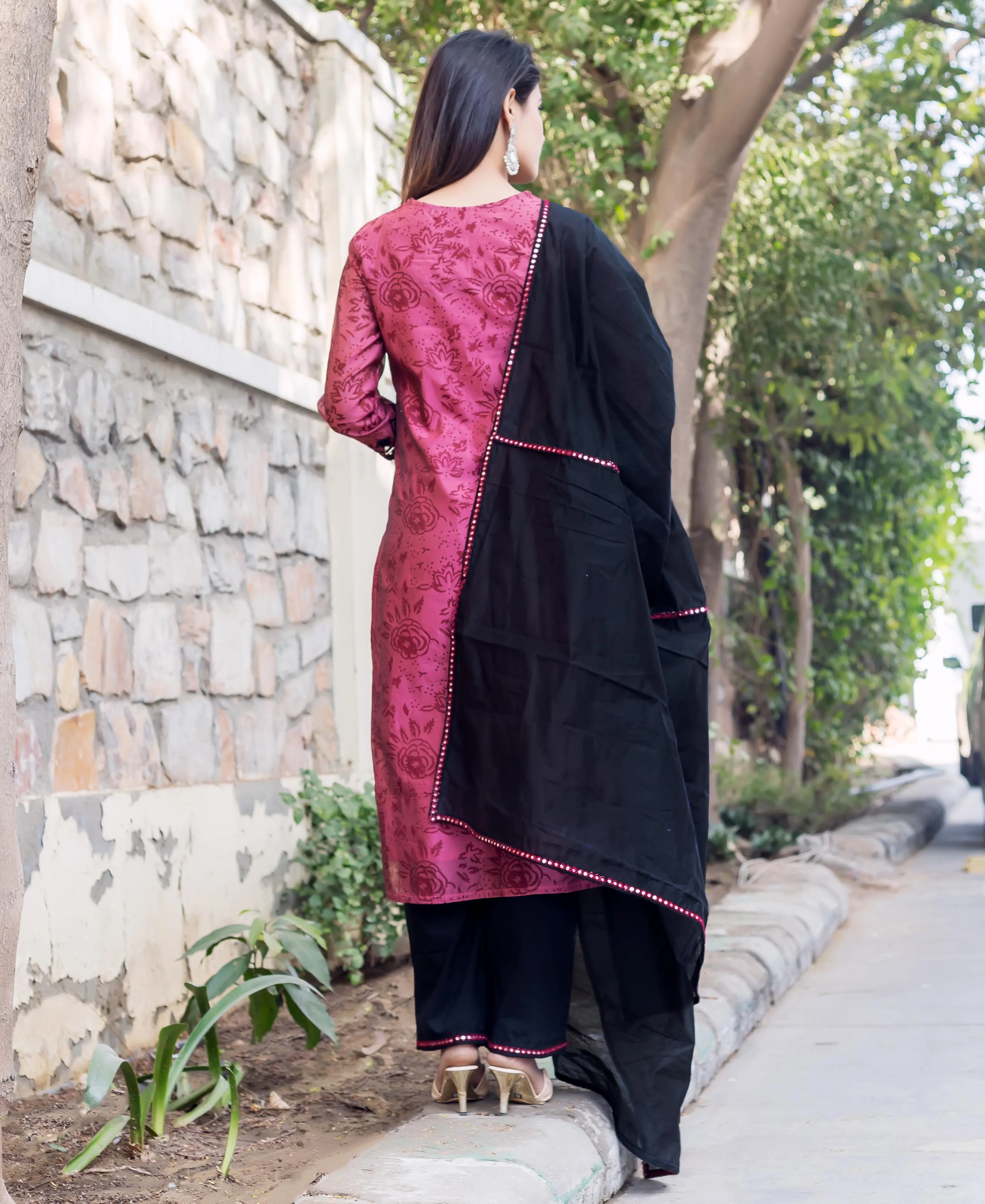 Burgundy Chanderi Block Printed Kurta